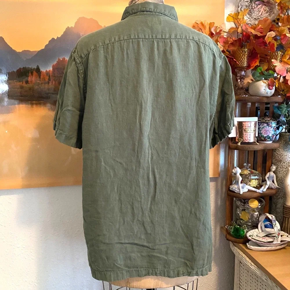 J. Crew 100% Linen Shirt Gorpcore Coastal Casual Mens Large Olive Green pockets